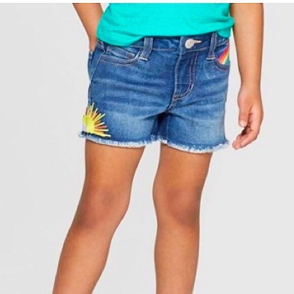 🌴Cat & Jack Sun & Rainbow Embroidered Denim Super Stretch Shorts Girls L(10-12) - Picture 1 of 12